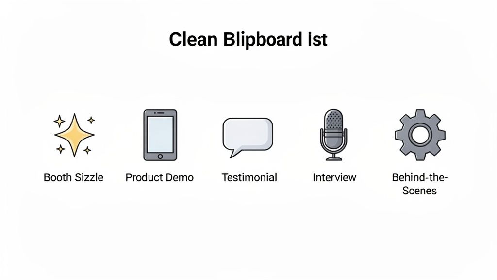 Visual list of five video content types: Booth Sizzle, Product Demo, Testimonial, Interview, Behind-the-Scenes.