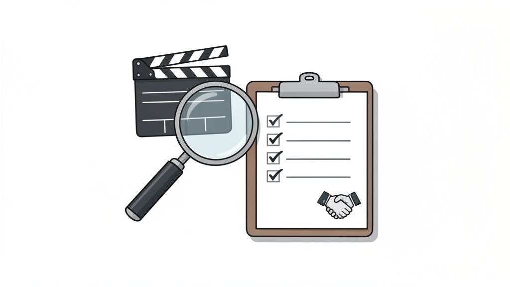 A magnifying glass examining a film clapperboard and a checklist with a handshake.