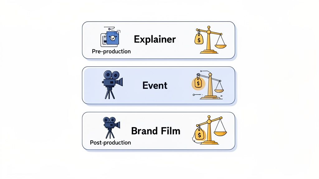 Visual representation of video production types: Explainer, Event, and Brand Film, showing production stages and costs.