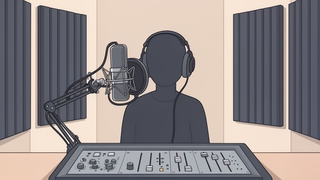 A person wearing headphones records audio into a studio microphone, with a mixing board in the foreground.