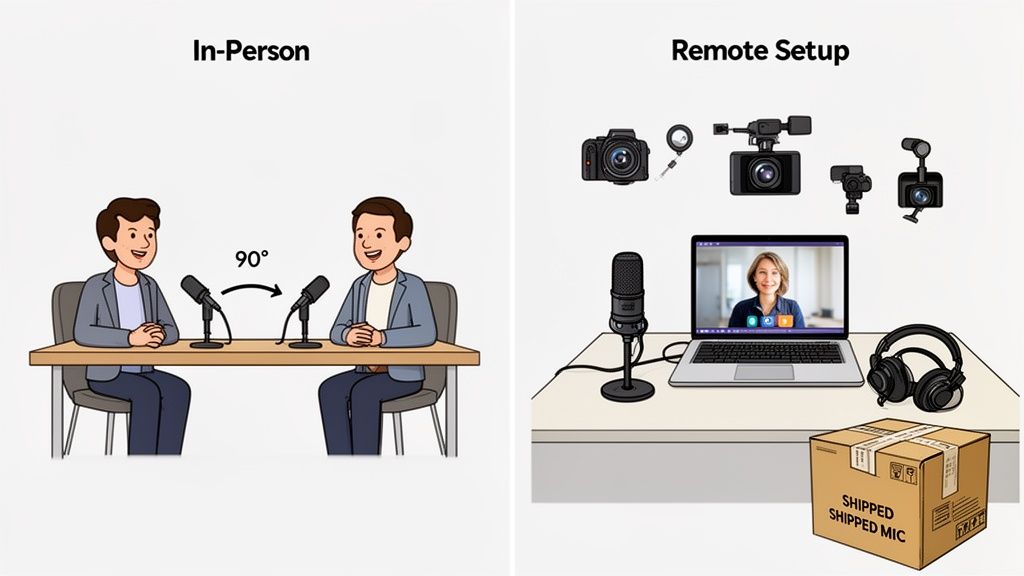 Comparison of in-person podcast setup with two speakers and microphones, versus a remote setup with laptop, mic, and cameras.
