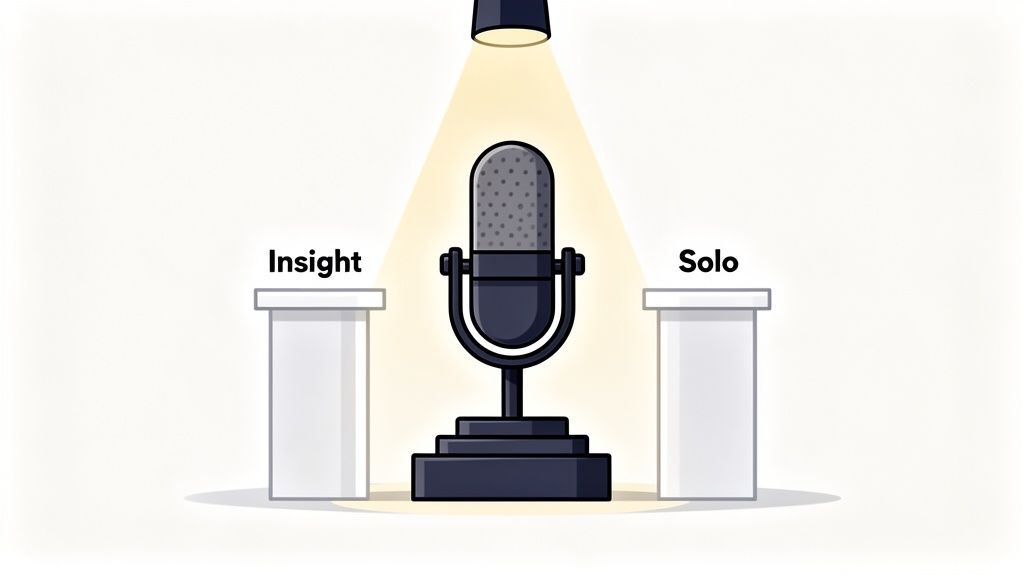Illustration showing a podcast microphone under a spotlight, comparing 'Insight' and 'Solo' options.