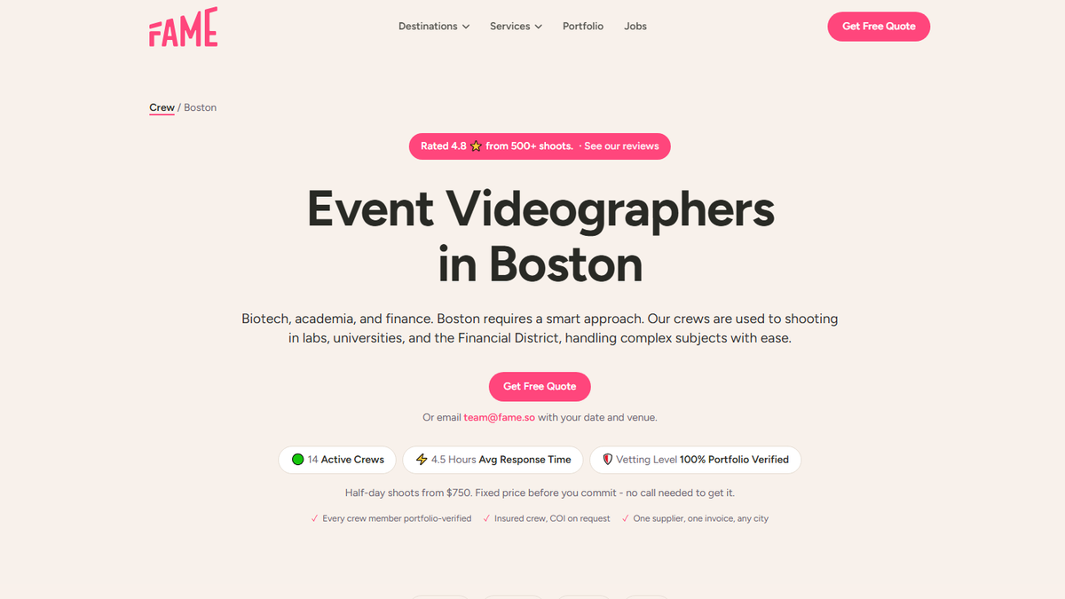 Fame Crew Boston event videographers page screenshot