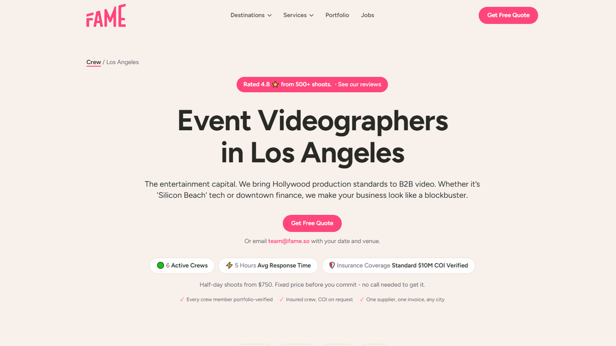 Fame Crew Los Angeles event videographers page screenshot