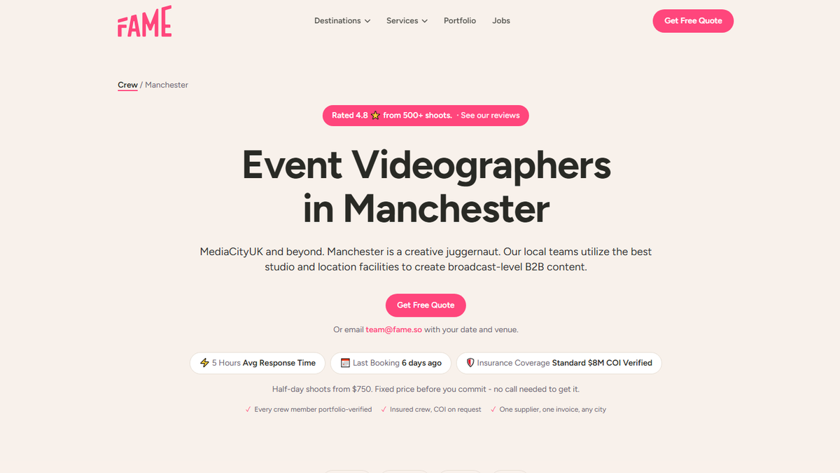 Fame Crew Manchester event videographers page screenshot