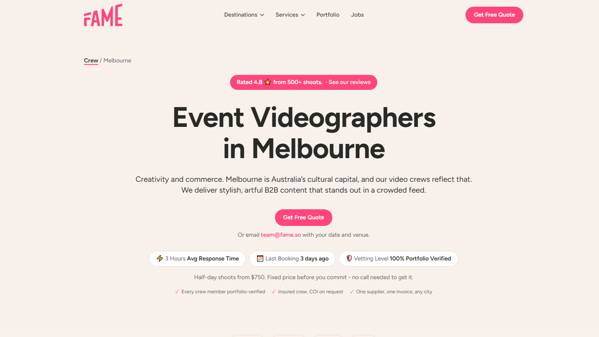 Fame Crew Melbourne event videographers page screenshot