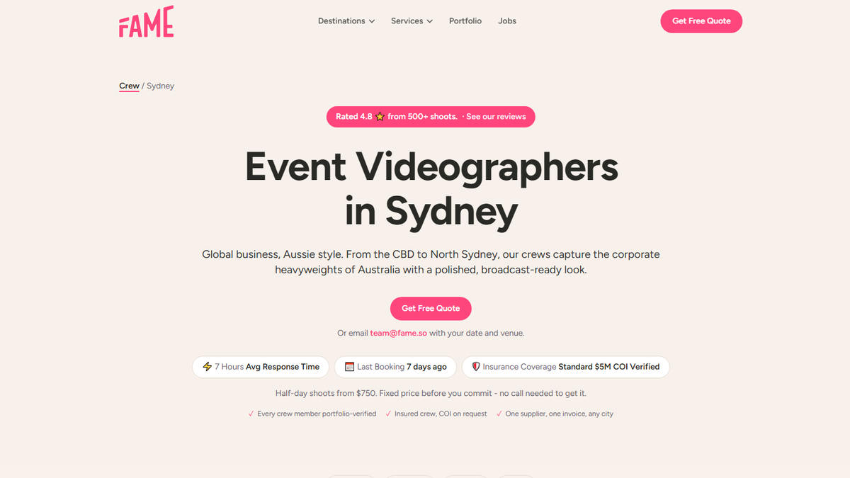 Fame Crew Sydney event videographers page screenshot