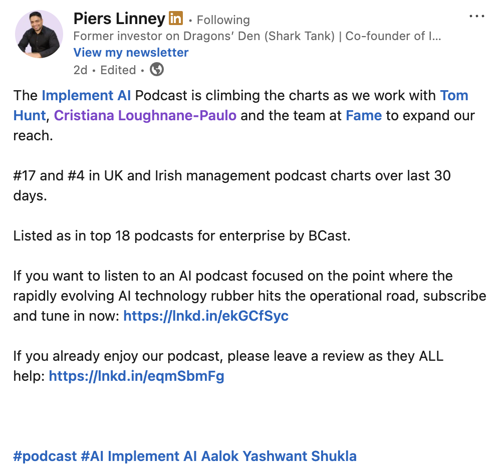 Piers Linney's LinkedIn post celebrating The Implement AI Podcast climbing the UK and Irish management podcast charts